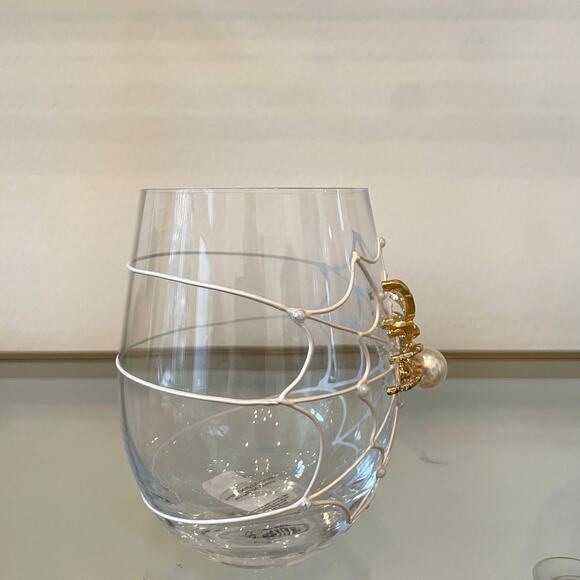Gorgeous Halloween Jeweled Spider on Web w/ Pearl Stemless Wine Glass Set of 2 - Picture 12 of 15